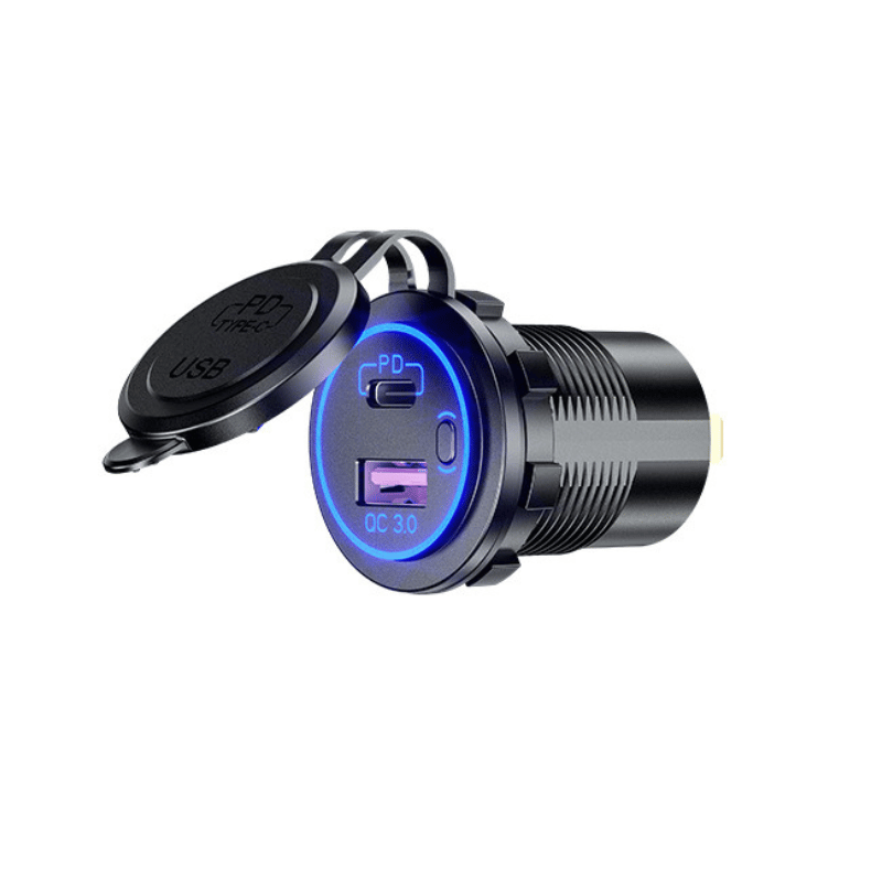 شارژر روپنلی خودرویی با خروجی فست شارژ USB و Type-C و کلید روشن/خاموش (آبی)