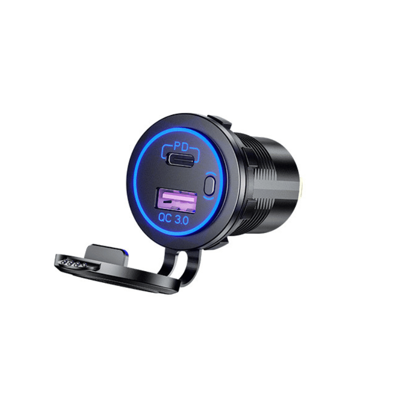 شارژر روپنلی خودرویی با خروجی فست شارژ USB و Type-C و کلید روشن/خاموش (آبی)