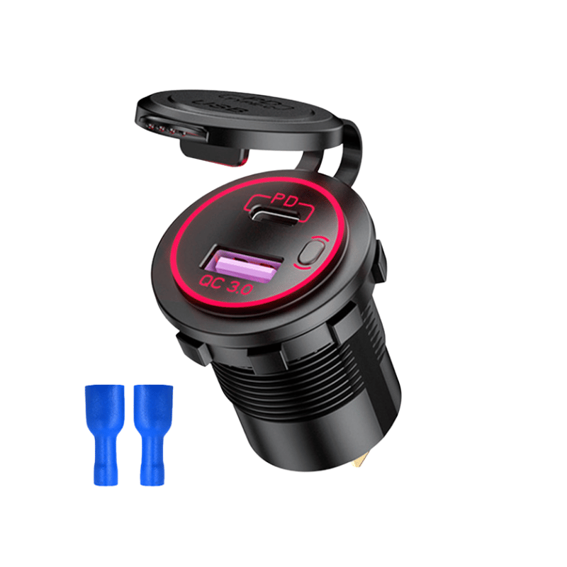 شارژر روپنلی خودرویی با خروجی فست شارژ USB و Type-C و کلید روشن/خاموش (قرمز)