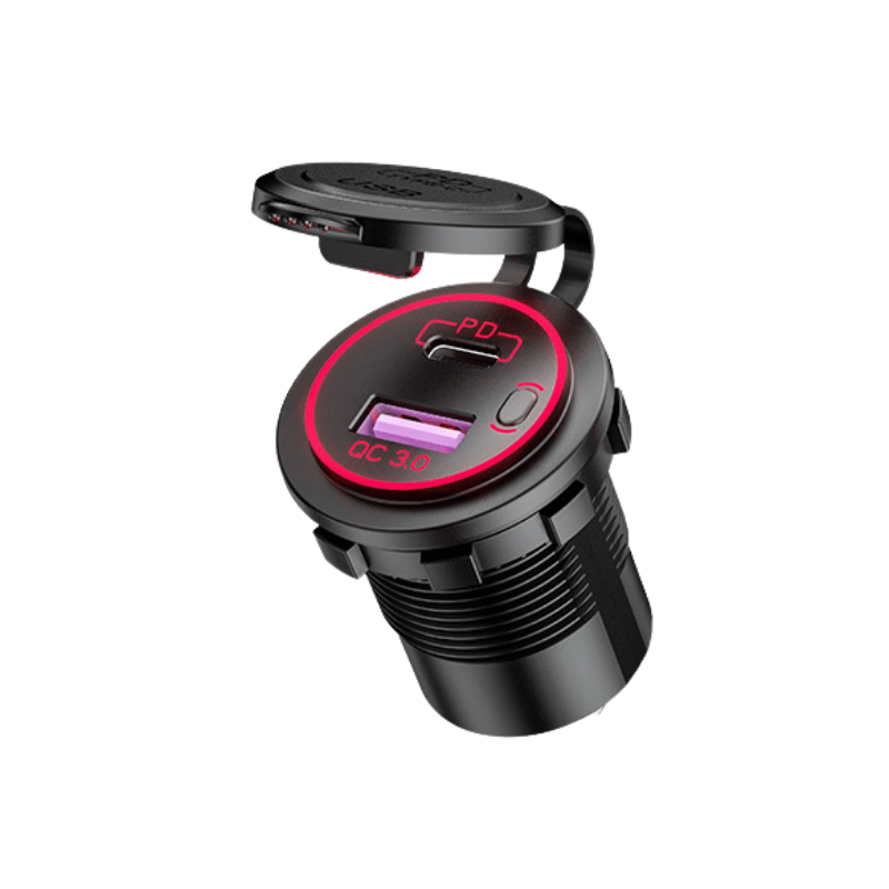شارژر روپنلی خودرویی با خروجی فست شارژ USB و Type-C و کلید روشن/خاموش (قرمز)