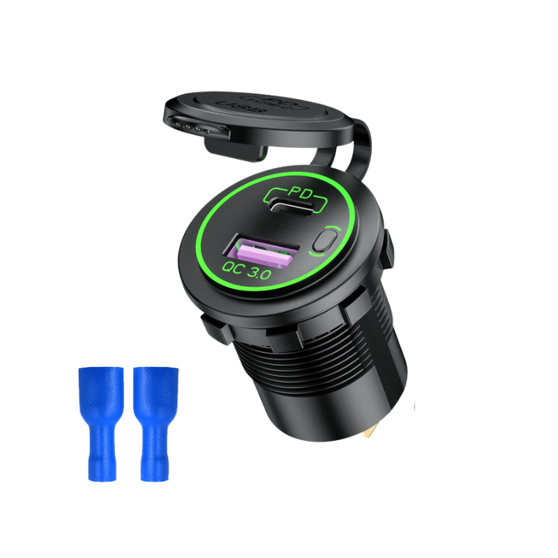 شارژر روپنلی خودرویی با خروجی فست شارژ USB و Type-C و کلید روشن/خاموش (سبز)