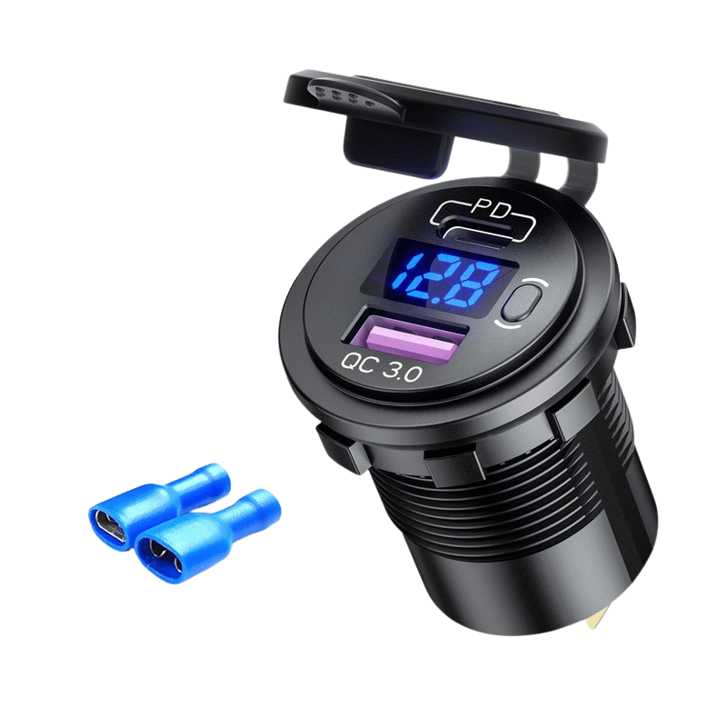 شارژر روپنلی خودرویی با خروجی فست شارژ USB و Type-C با نمایشگر ولتاژ و کلید روشن/خاموش (آبی)