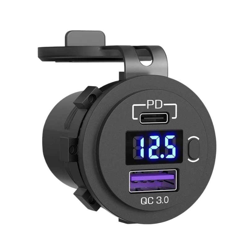 شارژر روپنلی خودرویی با خروجی فست شارژ USB و Type-C با نمایشگر ولتاژ و کلید روشن/خاموش (آبی)