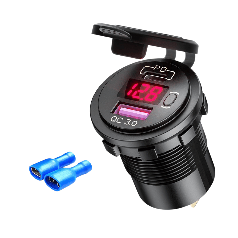 شارژر روپنلی خودرویی با خروجی فست شارژ USB و Type-C با نمایشگر ولتاژ و کلید روشن/خاموش (قرمز)