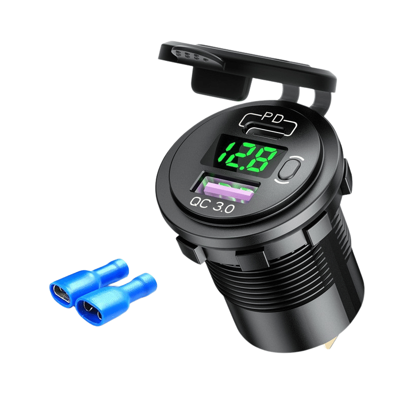 شارژر روپنلی خودرویی با خروجی فست شارژ USB و Type-C با نمایشگر ولتاژ و کلید روشن/خاموش (سبز)